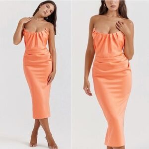 NWOT HOUSE OF CB 'Alora' Tangerine Strapless Corset Midi Dress